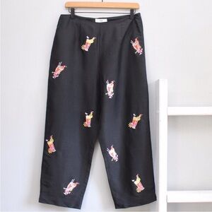 S.L.B. Black Tiki Cocktail Embroidered High-Waisted Silk Cropped Pants Size 8​